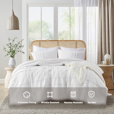 3Pcs Comforter set Pinch Pleat Comforter for All Seasons, Grid Pattern Lightweight Bedding Set, Solid Chic Vintage Style Farmhouse Bed Comforter Sets