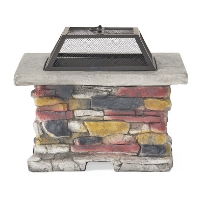 Christopher Knight Home Corporal Outdoor Lightweight Concrete Wood Burning Square Fire Pit, Light Gray and Multicolored