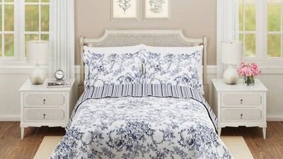 Blue Cotton Full Reversible Quilt Set with Scallop Edges