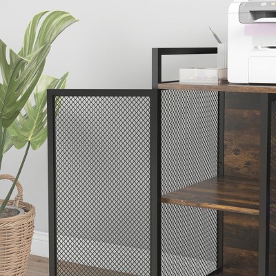 Rustic Brown Industrial Printer Stand with USB Ports and Adjustable Shelf