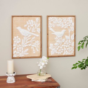 Olivia & May Set of 2 Wood Bird Wall Decors with White Painted Floral Patterns Brown: Fir Craftsmanship, Vertical Hang, Animal Art - 1 of 4