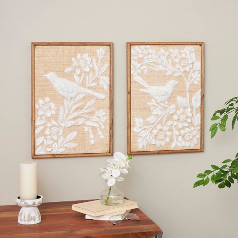 Olivia & May Set of 2 Wood Bird Wall Decors with White Painted Floral Patterns Brown: Fir Craftsmanship, Vertical Hang, Animal Art - image 1 of 4