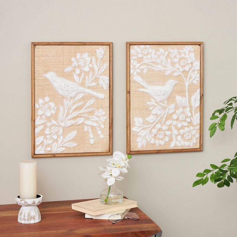 Olivia &#38; May Set of 2 Wood Bird Wall Decors with White Painted Floral Patterns Brown, 2 of 8