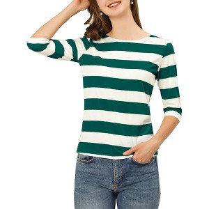 INSPIRE CHIC Women's Stripes Casual Basic Elbow Sleeves Boat Neck Slim Fit T-Shirts - 1 of 4