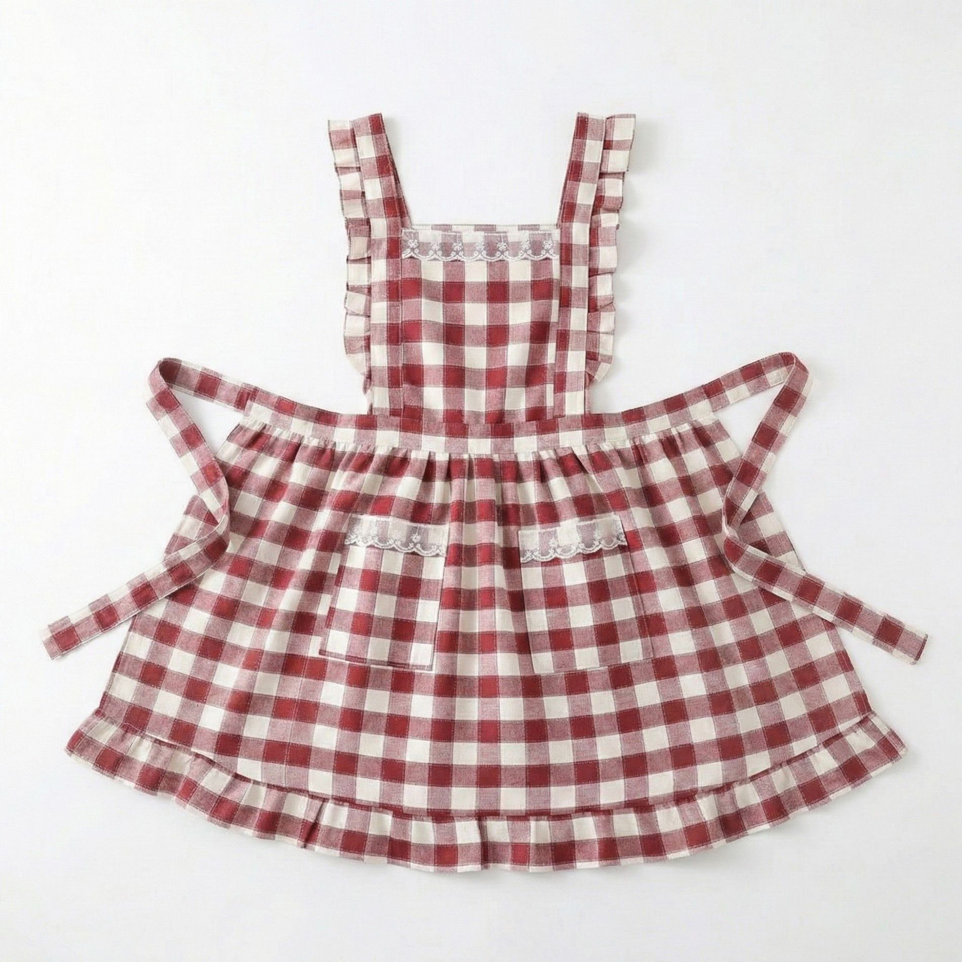 Alilang Gingham Kitchen Apron with Ruffle Trim Adjustable Waist Ties Lace Bib Detail and Front Pocket - Red