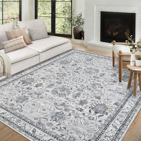 Washable Area Rugs for Living Room Vintage Floral Rug Soft Non Shedding  Throw Rugs Stain Resistant Carpet, 9'x12' Gray