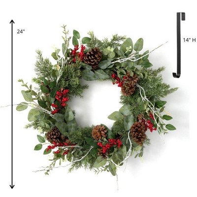 Sullivans Artifical Pine and Berry Wreath and Hanger Set 24"H Wreath 14"H Hanger, Green and Black