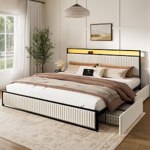 Hausource Full/Queen/King Size Upholstered Bed Frame with LED Headboard, 2 Drawers, Charging Station - 1 of 4