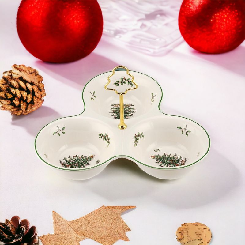 Spode Christmas Tree 3 Section Server with Tree Handle, 3 Section Divided Serving Tray for Nuts, Candies, Condiments and Holiday Treats, 4 of 5