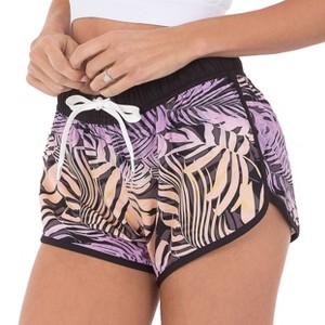 SUZZI Womens 4-Way Stretch Fast Dry Tropical Hawaiian Print Running Shorts - 1 of 2
