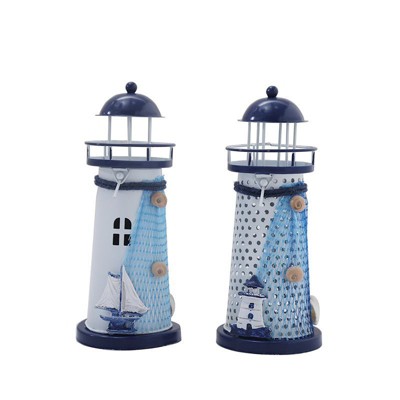 Juvale 2-Pack Nautical Lighthouse Metal Decor with Candle Holder for Home Cafe, 1.96 x 3 x 7.48 Inches