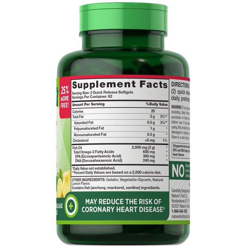 Nature's Truth Omega 3 Fish Oil 1000 mg | 125 Liquid Softgels | Burpless, Lemon Flavor Pills Supplement, 2 of 5