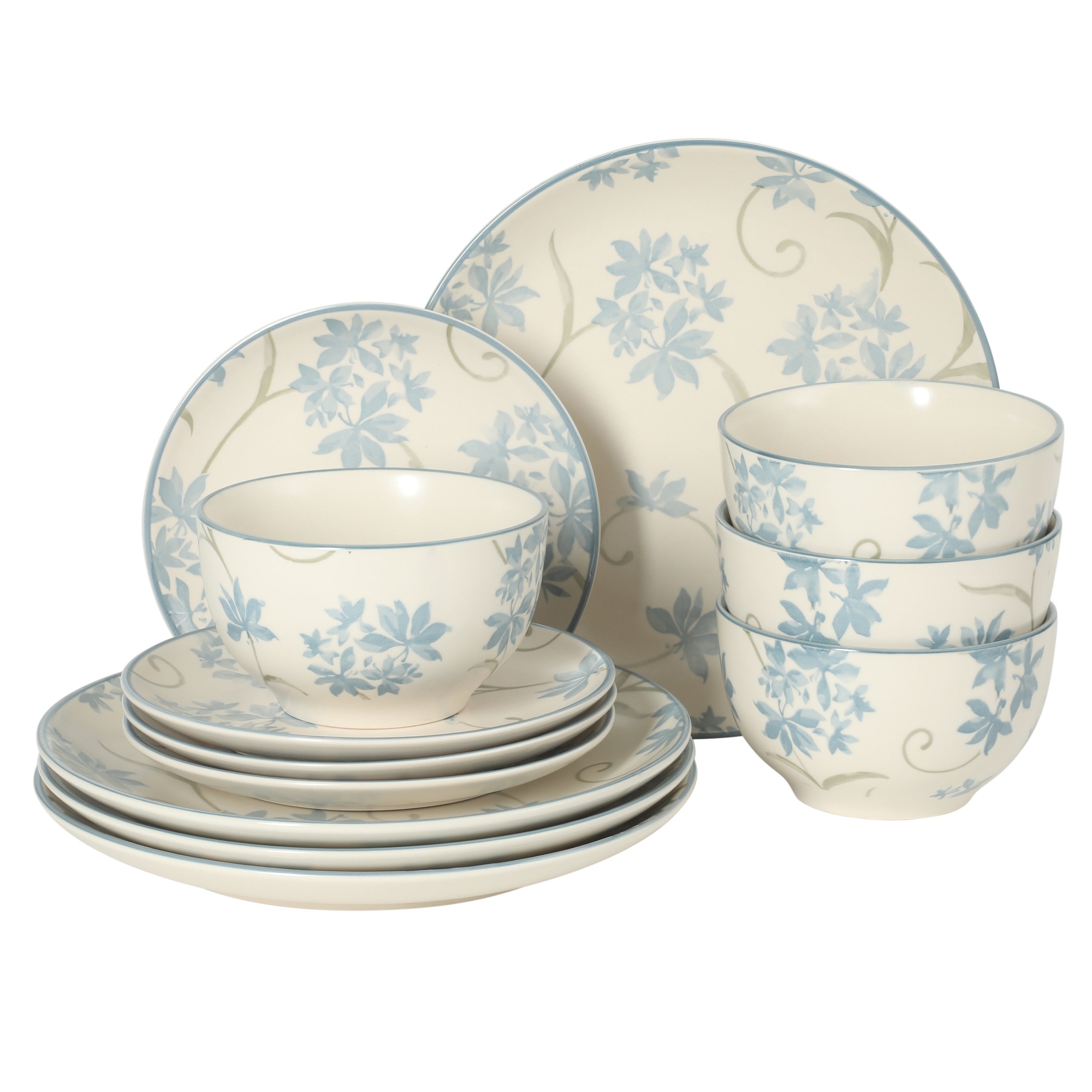 Gibson Home Admiral Hall 12-Piece Matte Floral Stoneware Dinnerware Set – Blue