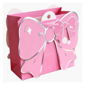 Bows And Sparkles Small Die Cut Bow Gift Bag with Tag Pink - 1 of 3