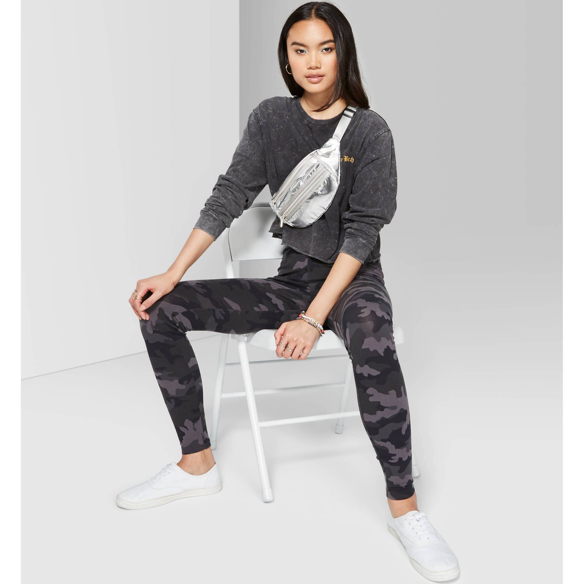 Women's Camo Print High-Rise Leggings - Wild Fable Gray M, Size