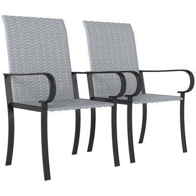 Outsunny Outdoor Wicker Dining Chairs, All-Weather Rattan Armchairs with Armrests, Steel Frame, High Back and Deep Seating