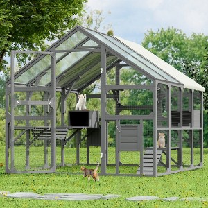 YOOCOZZ Large Catio Outdoor Cat Enclosure, Wooden Cat House with 7 Platforms, 2 Resting Boxes, 1 Bridge and 1 Ramp, Sunshine Board Roof-Gray - 1 of 4