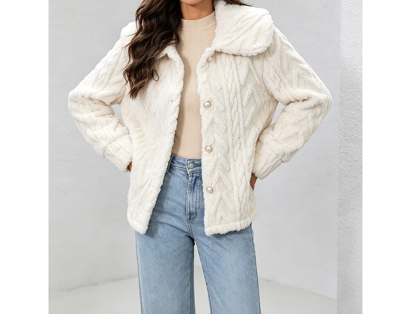 Женская куртка YesFashion Lapel Collar Long Sleeve Fleece Jacket Button Front Relaxed Straight Fit Casual Outerwear Coat Off-white, цвет: Белый — фото 3