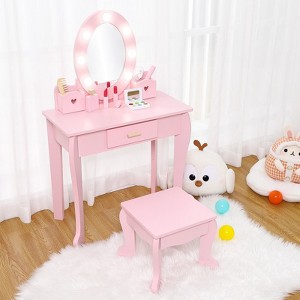 Girls Vanity Table and Chair Set, Kids Makeup Dressing Table with Lights Wood Makeup Playset, Kids Vanity Set with Mirror Drawer for Age 4-9 - 1 of 4