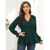 Clearlove Womens Embroidered V Neck Blouse Long Sleeve Shirts Peplum Waist Tops with Poet Sleeve - Dark Green,Small - 3 of 4