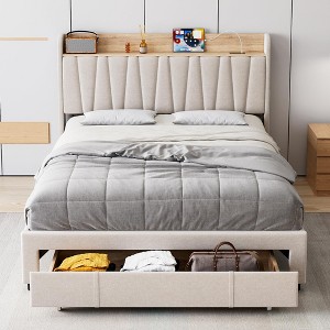 Full/Queen Size Upholstered Bed Frame with Storage Headboard and Charging Station, Platform Bed Frame with Drawers - 1 of 4