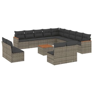 vidaXL 14 Piece Patio Sofa Set with Cushions Gray Poly Rattan - With Table - 1 of 4