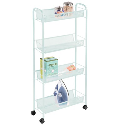 Mint Green Steel Slim Rolling Laundry Cart with 4 Shelves