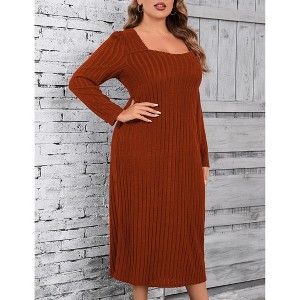 Women Plus Size Sweater Dress Sweetheart Collar Long Sleeve Casual Fall Winter Tunic Knit Midi Dress - 1 of 4