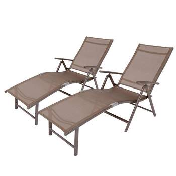 2pc Outdoor Aluminum Adjustable Chaise Lounges - Brown/Black - Crestlive Products