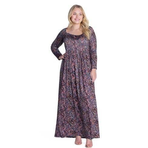 24seven Comfort Apparel Fall Floral Long Sleeve Pleated Plus Size Maxi ...