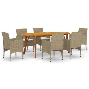 vidaXL 7-Piece Patio Dining Set - Acacia Wood Table & PE Rattan Chairs - Beige/Cream White - Modern Garden/Outdoor - 1 of 4