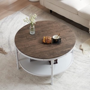 VINGLI 31.5" Dark Walnut White Round Farmhouse Coffee Table, 2-Tier Storage Wood Center Circle Accent Table for Living Room - 1 of 4