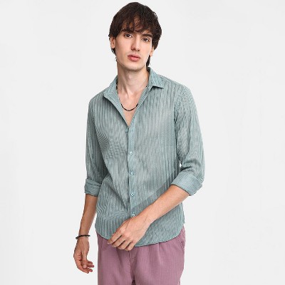 Campus Sutra Men Men's Sea Green Ribbed-Striped Shirt