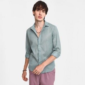 Campus Sutra Men Men's Sea Green Ribbed-Striped Shirt - 1 of 4