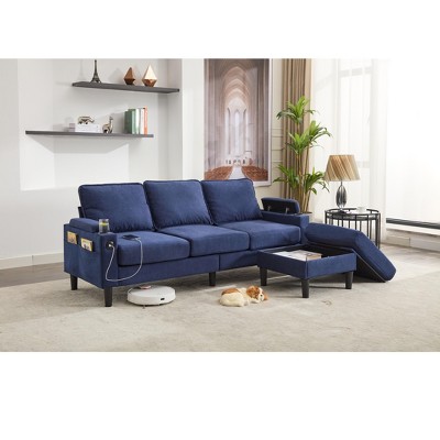 VASIP Blue 3-Seat Storage Sofa Bed with Ottoman - L-Shaped Sectional Couch for Small Spaces, Compact Apartment Living Room Furniture