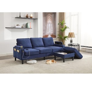 VASIP Blue 3-Seat Storage Sofa Bed with Ottoman - L-Shaped Sectional Couch for Small Spaces, Compact Apartment Living Room Furniture - 1 of 4