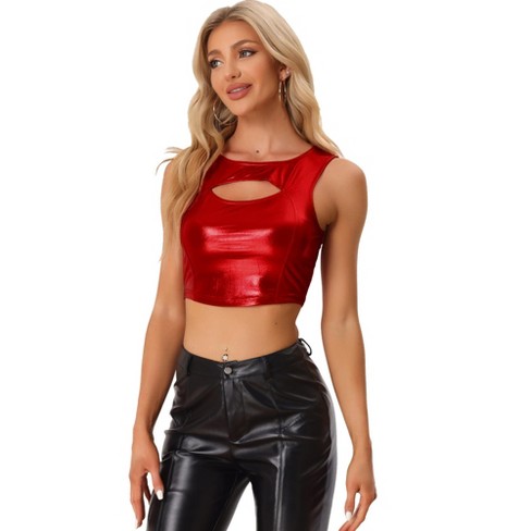 Allegra K Women's Metallic Crop Shiny Sleeveless Cut Out Party Holographic  Tank Tops Red Large : Target