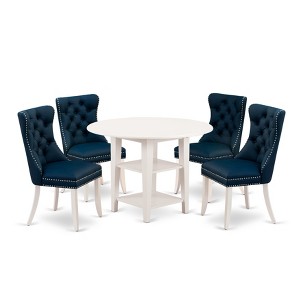East West Furniture, 5 Piece Kitchen Set Consists of a Round Dining Table with Dropleaf & Shelves and 4 Upholstered Chairs, linen white - 1 of 4
