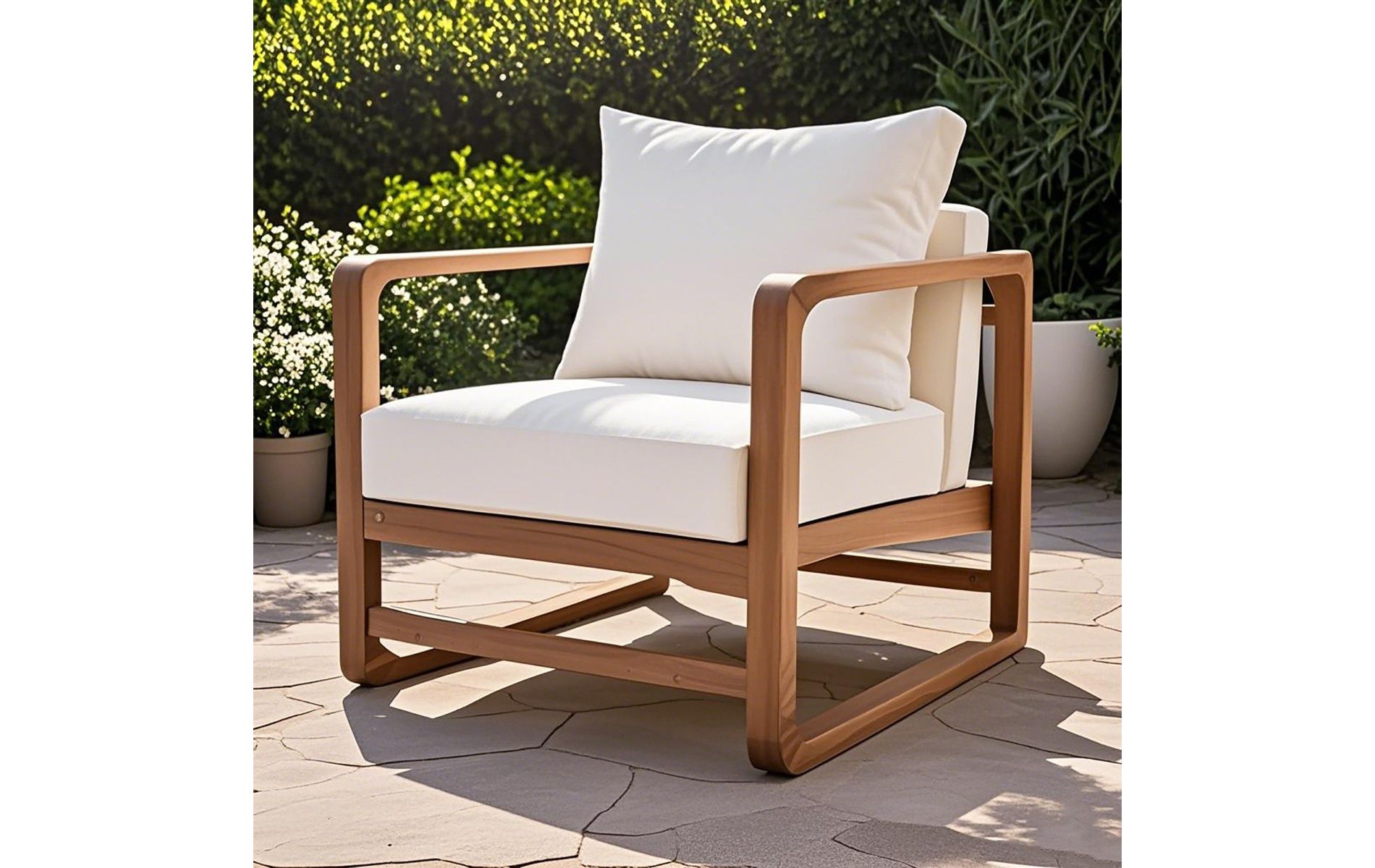 Solid Acacia Wood Outdoor Club Chair with Beige Cushions, Wide Seat Patio Armchair for Porch or Balcony-Baofuwish