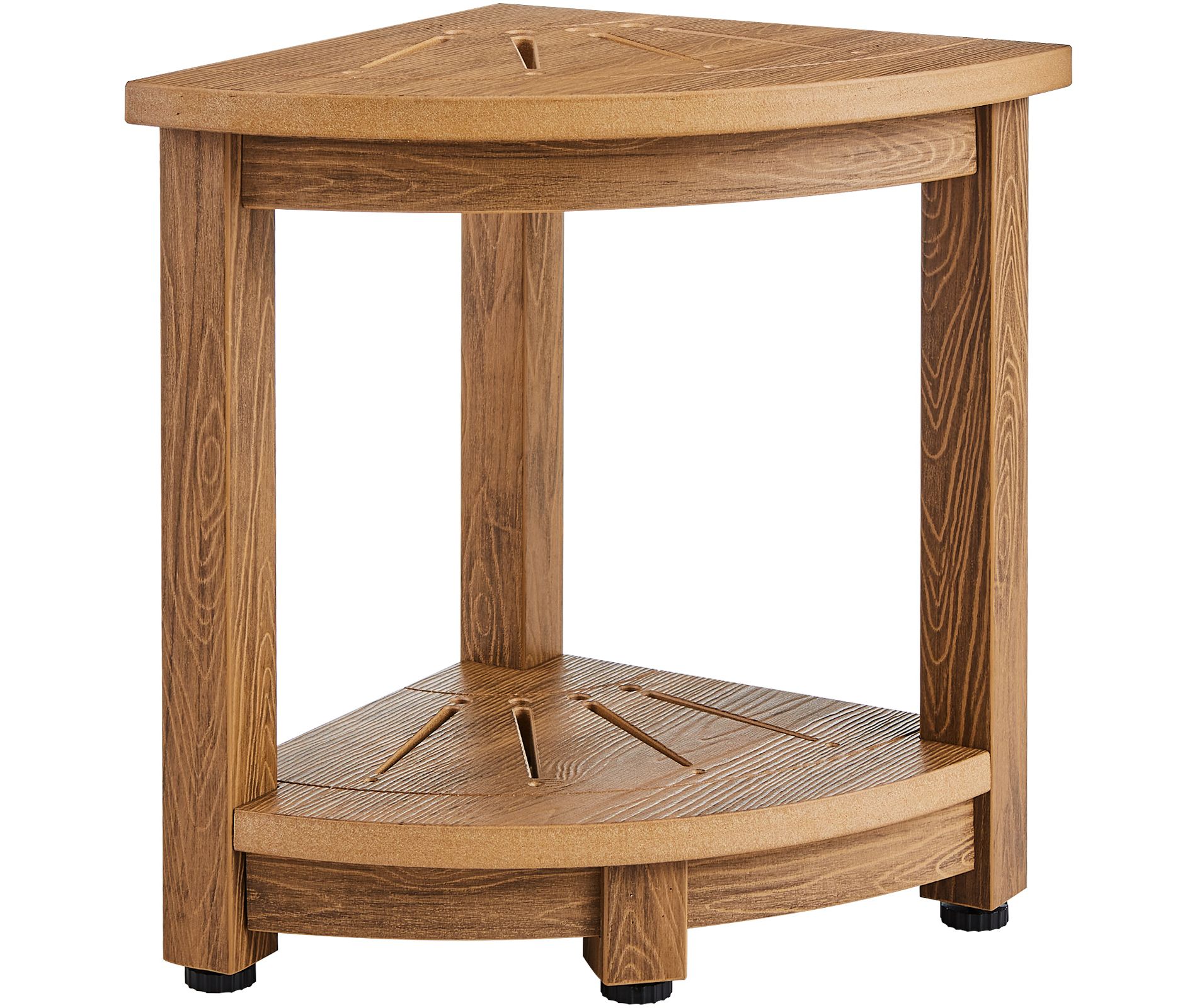 VEVOR Corner Shower Bench, 16.5" Height 12.8" Radius, Faux Wood Grain Polystyrene, 350 LBS with Storage Shelf, Water Resistant, Shower Stool, Brown