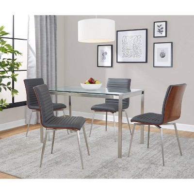 Silver and Clear Glass Top Dining Set with Gray Faux Leather Chairs