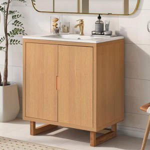 FAMYYT 30 in. Single Sink Freestanding Natural Bath Vanity with White Ceramic Top, Invisible Handle - 1 of 4