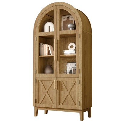 GlasFlength Decorative Storage Cabinets, Tall Arched Cabinet with Storage Door and Shelves for Living Room, Dining Room, Beige, 36"*17.5"*74.3"
