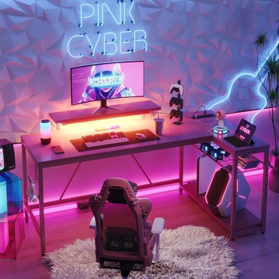 Bestier 58" Gaming Desk with LED Lights L Shaped Desk with Power Outlet & Monitor Stand Corner Computer Desk