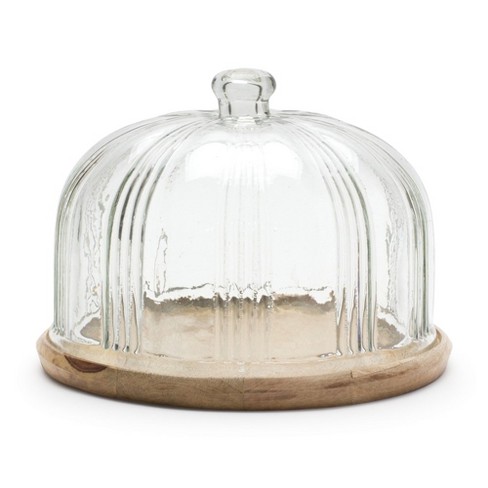 Melrose Glass Cloche With Wood Plate 10.5