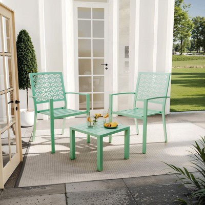 3-Piece Bistro Set, Outdoor Bistro Set, Stackable Metal Square Table and Chairs, Green