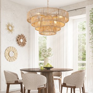 TOBILI 20" Modern 4-Layer Woven Hemp Rope Chandelier, Boho Style Pendant Light, Elegant Hanging Light Fixture for Living Room, Dining Room(No Bulbs) - 1 of 4