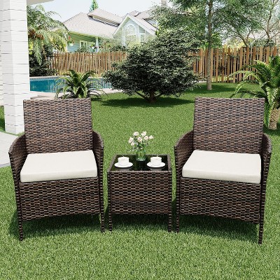 Patio Furniture Set 3 Pieces, Outdoor Patio Furniture Set with Rattan Wicker Chairs, Glass Table and Cushions for Porch, Balcony, Backyard, Garden