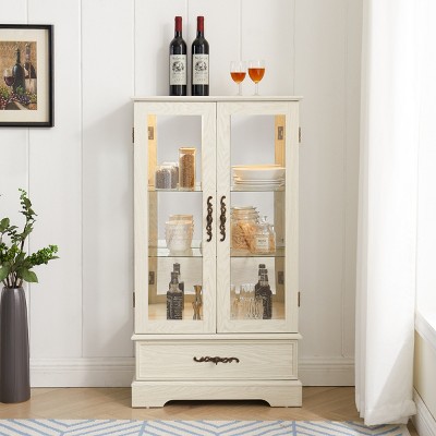 Lighted Glass Display Curio Cabinet with Adjustable Shelves,2-Door 1-Drawer,Mirrored Back for Living Room Storage-Baofuwish