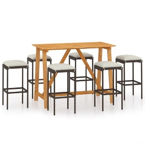 vidaXL Patio Bar Set Bar Table and Stools Patio Furniture Set with Cushions - Brown 7 Piece - 1 of 4